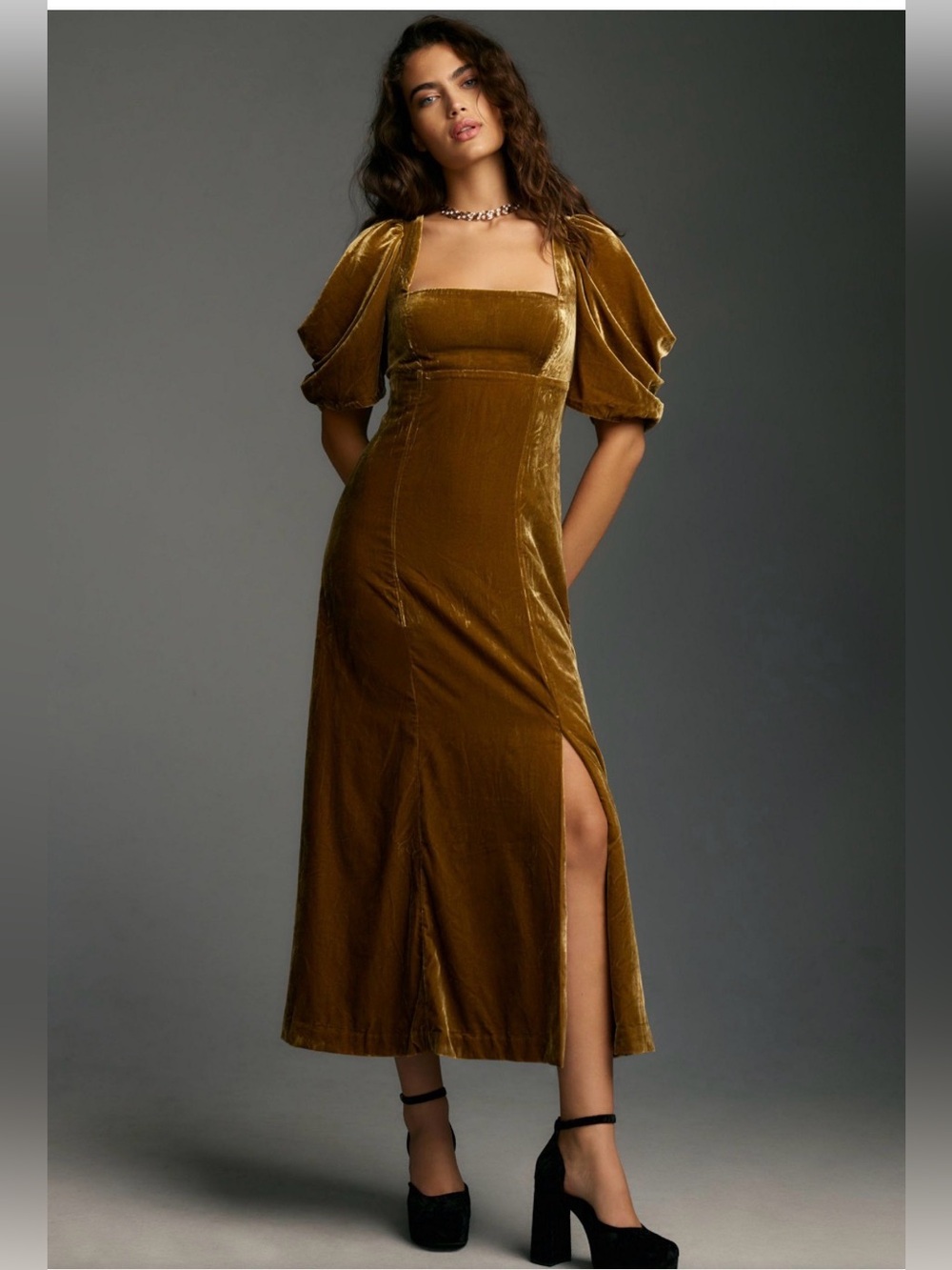 NWT Anthropologie Short-Puff Sleeve Square-Neck Velvet Midi Dress sz S